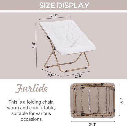 Saucer Chair, Comfy Bedroom Chairs, Oversized Folding Faux Fur Chair, Foldable Metal Frame Chair for Bedroom, Study, Playroom (White)