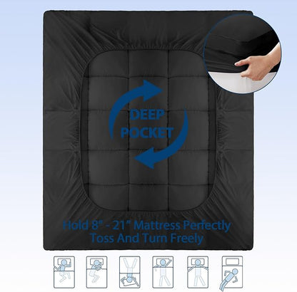 ELEMUSE Twin XL Black Cooling Bamboo Viscose Mattress Topper for College Dorm, Extra Long Twin Mattress Pad Cover for Back Pain, Soft Pillowtop with Deep Pocket, Overfilled Down Alternative Filling