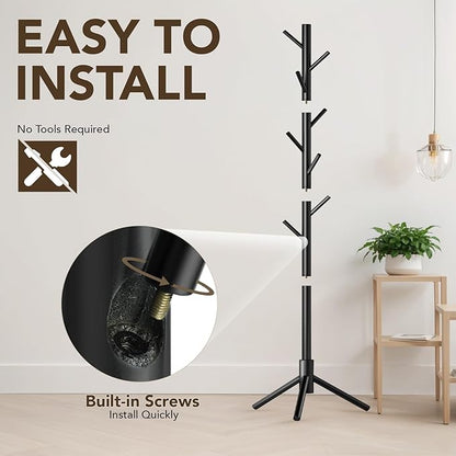 Wooden Tree Coat Rack Stand,Sturdy Freestanding Coat Rack with 8 Hooks,3 Adjustable Height for Child Adult,Wood Coat Stand Tree Fits Entryway Bedroom Office for Bags,Hats