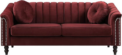 Sectional Sofa Set, Microfiber Chesterfield Upholstered Sofas Loveseat Couch Chair Sets with Style Button Tufted, Scroll Arms and Nailhead for Living Room, Office, Apartment-Red,S