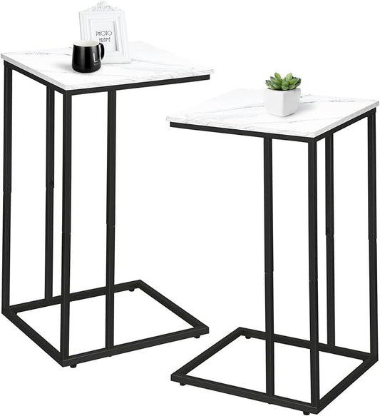 C Shaped Side Table Set of 2, Marble End Table for Sofa and Bed, Couch Table That Slide Under, Snack Side Table for Living Room, Bedroom or Small Spaces, White and Black