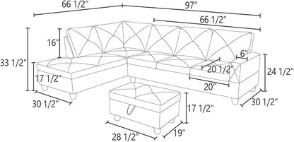 L Shaped Sectional Sofa with Ottoman, Microfiber Right Facing Modern Couches for Living Room, Bedroom, Office,Espresso
