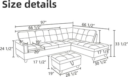 L Shaped Sectional Couches for Living Room, Modern Modular Sectional Sofa with Ottoman Storage, Comfy L Shaped Couch with Chaise for Bedroom Apartment Furniture, Beige