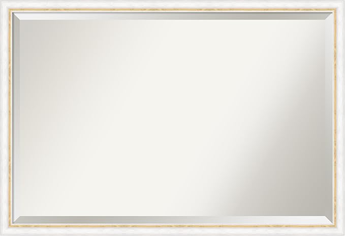 Amanti Art White Bathroom Mirror for Over Sink, 26x38 Morgan White Gold Rectangle Vanity Mirror, Large Modern Contemporary Wood Frame, Hangs Horizonally and Vertically, Bathroom Wall Decor, Beveled
