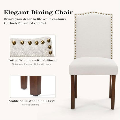 Kitchen Chairs Set of 6 Modern Upholstered Fabric Seat with Nailhead Trim and Ergonomic Lumbar Support for Living Room and Rustic Farmhouse Dining Area, Beige