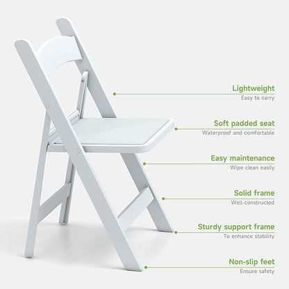 Real Relax Resin Folding Chairs, 4 Sets, White Patio Chairs with PVC Padded Seats 330LB Capacity for Camping, Banquets, Weddings, Church and Events
