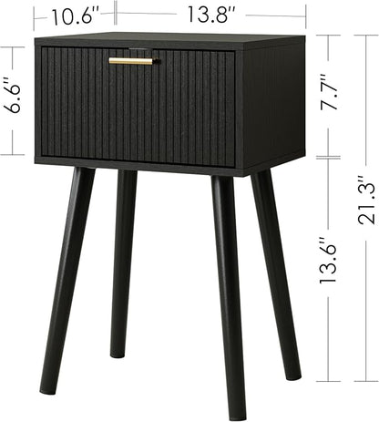 Night Stand Set 2, Black Nightstand with Fluted Doors, Small Modern Mid-Century Bedside Table for Bedroom, End Table for Living Room