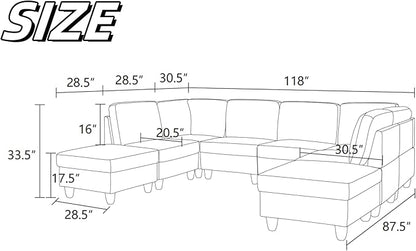 U Shaped Sectional Couch, Convertible Modular Sectional Sofa with Ottomans, 8 Seat Comfy Corner U Shaped Couch Lounge Modern Modular Couches for Living Room Apartment, Grey