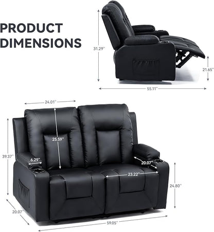 COMHOMA Living Room Furniture Set,Bonded Leather Loveseat Sofa with Cup Holder Recliner Chair,Black