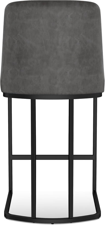 Bar Stools Set of 2, Faux Leather Counter Height Barstools, Upholstered Kitchen Counter Stools with Back and Stitching, 25.6" H Kitchen Island Stools Bar Chair, Metal Framed, Black Grey