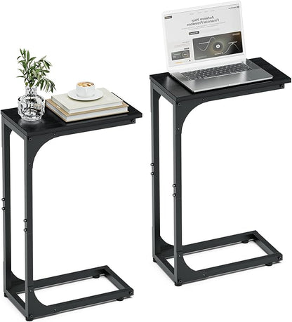 C-Shaped Side Table for Couch - Small Coffee Stand Sofa Tray Desk with Sturdy Metal Frame and Waterproof Scratch Resistant Wood Surface, Modern End Accent for Living Room, Bedroom, Black