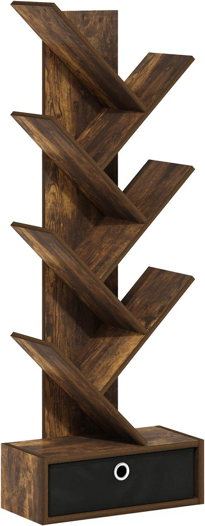 Furinno Tree Bookshelf 7-Tier Floor Standing Tree Bookcase with Bin Drawer, Amber Pine/Black