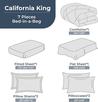 HEVUMYI Cali-King Comforter Set - 7-Piece All Season Bed in a Bag Cali-King, Ultra Soft Bedding Set with Comforter, Flat Sheet, Fitted Sheet, Pillowcases, Pillow Shams, Sage Green & Light Grey