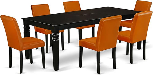 East West Furniture LGAB7-BLK-61 7 Piece Dining Table Set Consist of a Rectangle Butterfly Leaf Table and 6 Baked Bean Faux Leather Upholstered Chairs, 42x84 Inch, Black