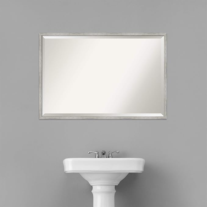 Amanti Art White Bathroom Mirror for Over Sink, 25x37 Shiplap White Narrow Rectangle Vanity Mirror, Large Coastal Wood Frame, Hangs Horizonally and Vertically, Bathroom Wall Decor, Beveled Edge