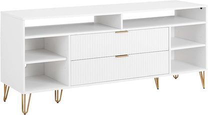 Manhattan Comfort Dumbo Mid Century Modern TV Stand for Televisions up to 60 Inches, Home Entertainment Center with Storage, 6 Shelves, 2 Drawers, No Tool Assembly, 63" Wide, White