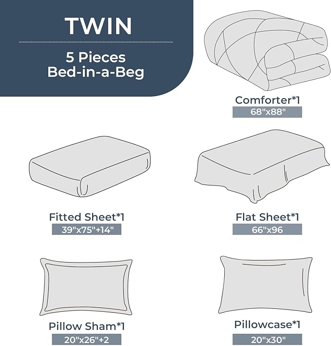 HEVUMYI Twin Comforter Set - 5-Piece All Season Bed in a Bag Twin, Ultra Soft Bedding Set with Comforter, Flat Sheet, Fitted Sheet, Pillowcases, Pillow Shams, Black & Light Grey