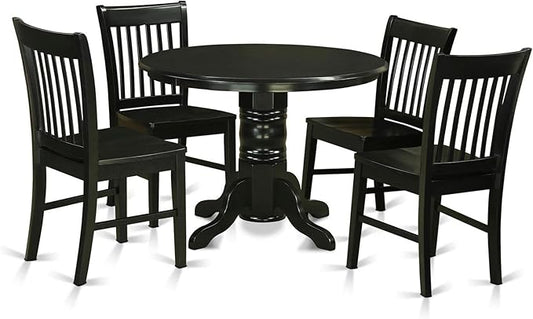 East West Furniture SHNO5-BLK-W 5 Piece Dining Set Includes a Round Dining Room Table with Pedestal and 4 Wood Seat Chairs, 42x42 Inch, Black