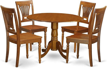 East West Furniture DLPL5-SBR-W 5 Piece Dining Room Table Set Includes a Round Kitchen Table with Dropleaf and 4 Dining Chairs, 42x42 Inch, Saddle Brown