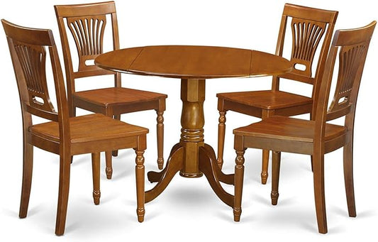 East West Furniture DLPL5-SBR-W 5 Piece Dining Room Table Set Includes a Round Kitchen Table with Dropleaf and 4 Dining Chairs, 42x42 Inch, Saddle Brown