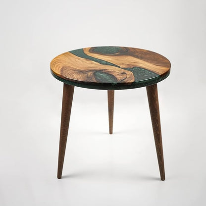 20" Resin Walnut Round Side Table | Epoxy End Table | Coffee Table | Mid Century Modern Resin Walnut | Living Room Furniture | Green Color