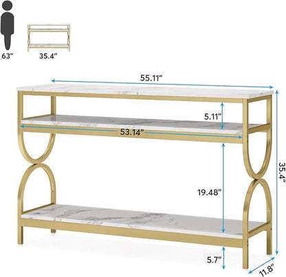 Tribesigns 3-Tier Console Table, 55 inch Sofa Table with Open Storage Shelves, Narrow Long Hallway/Entryway Table with Faux Marble Top for Home Living Room Entryway, White & Gold