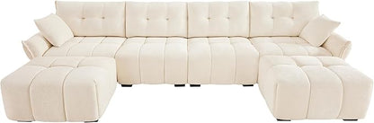 Modern Chenille Fabric 4-Seat Sofa w/Two Ottoman+2 Pillows, Premium Upholstery Living Room Couch with Tufted Backrest & Comfortable Armrests and High-Resilience Memory Foam Cushions,White
