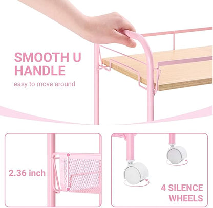 KINGRACK 4-Tier Metal Rolling Utility Cart, Pink, Flexible, Sturdy, Easy Assembly, Anti-Rust, Waterproof, Scratch-Resistant, Breathable Mesh Basket, Ideal for Home Storage