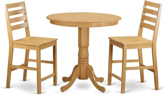 East West Furniture JACF3-OAK-W 3 Piece Counter Height Dining Set for Small Spaces Contains a Round Wooden Table with Pedestal and 2 Kitchen Chairs, 36x36 Inch, Oak