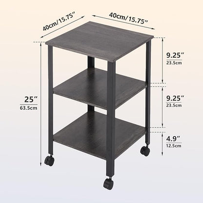 Side Table, End Table with Wheels, Printer Stand with 3-Tier Storage, Bedside Table, Bedroom, Office, Kitchen, Metal Frame, Easy Assembly -Grey
