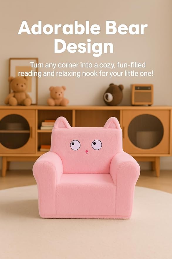 Cute Animal Toddler Foam Chair, Soft Faux Rabbit Fur, Comfy Toddler Lounge Chair and Couch with Arms, Removable Washable Cover, Kids Reading, Relaxing, for Playroom, Bedroom, Ages 1-3, Pink Cat