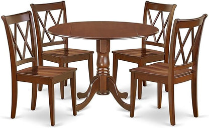 East West Furniture DLCL5-MAH-W 5 Piece Dining Room Table Set Includes a Round Dining Table with Dropleaf and 4 Wood Seat Chairs, 42x42 Inch, Mahogany