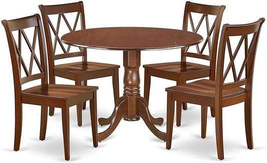 East West Furniture DLCL5-MAH-W 5 Piece Dining Room Table Set Includes a Round Dining Table with Dropleaf and 4 Wood Seat Chairs, 42x42 Inch, Mahogany