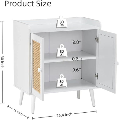 Buffet Cabinet, Rattan Storage Cabinet with Round Pull Rings, Sideboard with Ample Storage, Bar Liquor Shelf with 2 Doors for Living Room, Hallway, White