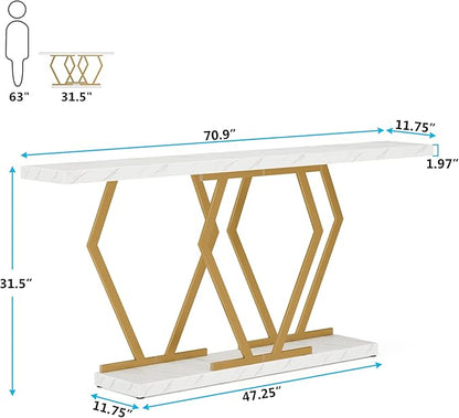 Tribesigns 70.9 Inch Extra Long Sofa Table， White and Gold Console Table with Faux Marble Tabletop, Modern Long Entryway Table with Gold Frame