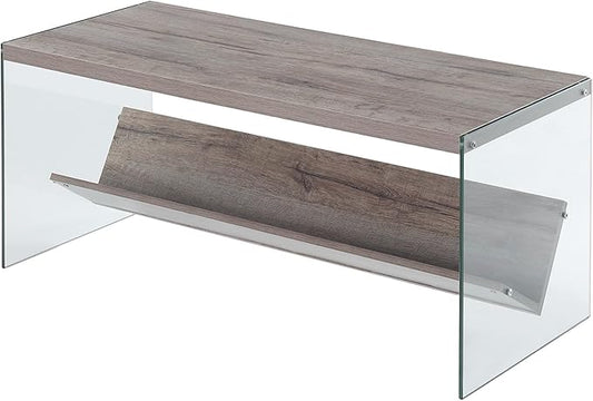 Convenience Concepts SoHo Modern Living Storage Shelf, Contemporary Coffee Table for Family Room, 40", Sandstone/Glass