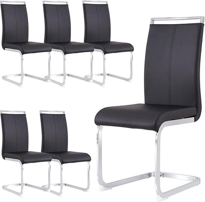 Dining Chairs Set, Kitchen Modern Metal Chairs with Faux Leather Padded Seat High Back and Sturdy Chrome Legs, Chairs for Dining Room (Black, Set of 6)
