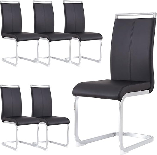 Dining Chairs Set, Kitchen Modern Metal Chairs with Faux Leather Padded Seat High Back and Sturdy Chrome Legs, Chairs for Dining Room (Black, Set of 6)