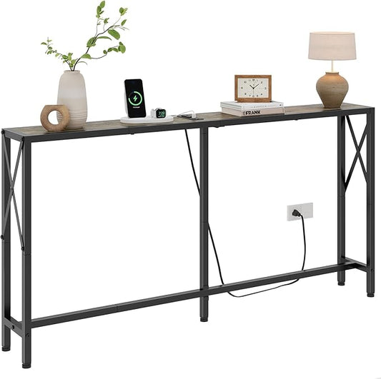 Sofa Table with Oulets and USB Ports, 55.1" Couch Table Behind Sofa, Industrial Long Skinny Stand for Hallway, Living Room, Bedroom, 6.5 Feet Power Cord