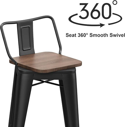 30 Inch Swivel Bar Stools Set of 4 with Backs Counter Height Industrial Metal Barstools Island Bar Chairs for Home Kitchen Dining Room (Swivel 30 inch,Matte Black Wooden)