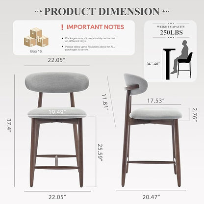 Upholstered Counter Height Bar Stools Set of 6, Kitchen Island Stools with Back, Modern Counter Barstools Bar Chairs with Wood Legs, Light Grey