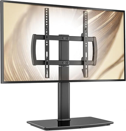 Universal Swivel/Table Top TV Stand 27 to 60 inch TVs 80 Degree Swivel, 4 Level Height Adjustable, Heavy Duty Tempered Glass Base, Holds up to 99lbs Screens, HT04B-001