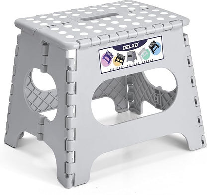 Delxo Folding Step Stool, 11 inch Non-Slip Foldable Stools Up to 300 LBS, Step Stool with Handle, Lightweight for Kitchen, Bathroom, Bedroom, Garden, Grey, 1PC