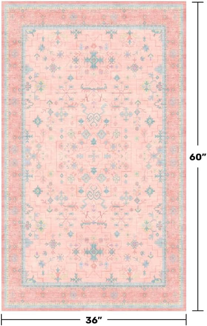 Washable Pink Nursery Rug, 3x5 Area Rugs for Entryway, Kitchen, Bedroom - Boho Modern Floral Distressed Oushak Design, Soft Faux Wool Low Pile Non Slip Stain Resistance Carpet