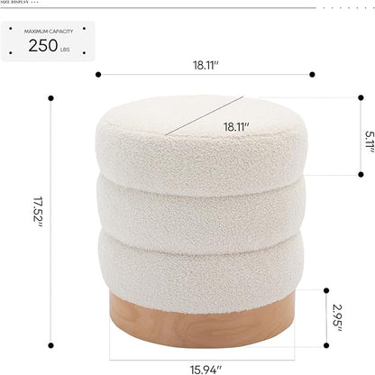 COLAMY Sherpa Ottoman Footstool, Tufted Modern Foot Rest Stool with Wood Base for Living Room, Bedroom, Desk, Round Versatile Side End Table, Pouf, Makeup Seat, Cream