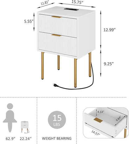 Nightstand,Small Bedside Table with Gold Frame,Morden Night Stand with 2 Drawer,End Table,Side Table with Drawer and Shelf for Bedroom,Living Room (White-2Drawer-Outlet)