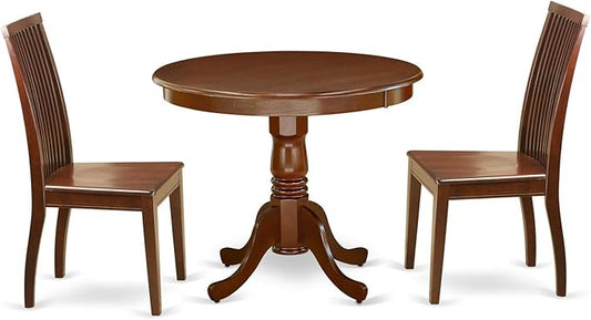 East West Furniture ANIP3-MAH-W 3 Piece Dining Set Contains a Round Dining Room Table with Pedestal and 2 Wood Seat Chairs, 36x36 Inch, Mahogany