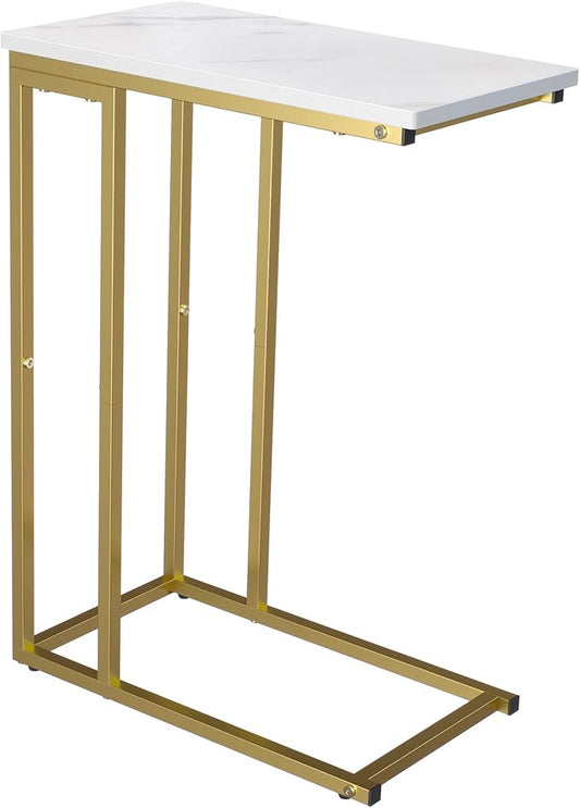 Yusong C Shaped End Table, Couch Side Table That Slide Under Sofa Bed, Small Table for Small Spaces, Skinny Overbed Table for Coffee Drink Snack, Living Room, Gold and White Marbled Wooden Top