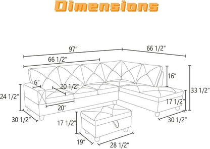 L Shaped Sectional Couch with Otttoman, 97" Leather Sectional Sofa for Living Room Modular Couches with Cup Holders for Bedroom, Apartments, Dark Grey