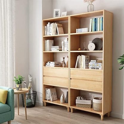 IOTXY Oak Mid-Century Bookcase with Legs - 67" Tall Open Shelves Cube Billy Bookshelf with Double Drawers for Home and Office